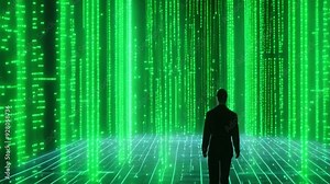 Digital matrix effect streams of cascading green code, including binary and hexadecimal characters, on a dark background