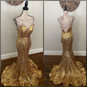 Gold sparkly mermaid prom dress, pageant gown formal or military ball gown
