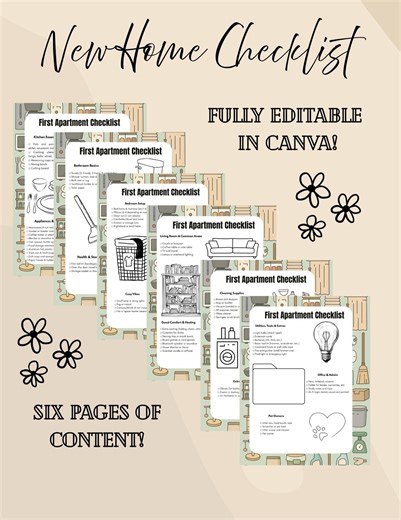 First Apartment Checklist – Fillable PDF   Editable Canva Template – Printable Moving Essentials List - Etsy