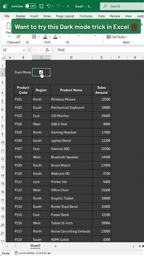 Switch to dark mode in just one click in Excel! Excel tips and tricks #excel #exceltips #exceltricks