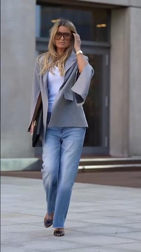 Grey Cape Blazer, White Top, And Flared Jeans ✨ #fashiontrends #outfitideas #ootd