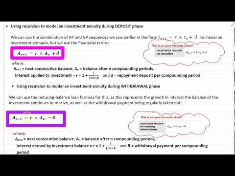 Using a recurrence relation to model an investment annuity and calculating interest accrued