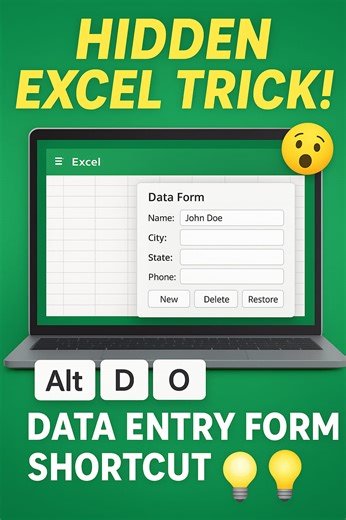 Enter Data in Excel Like a Pro - Use This Hidden Form Trick! 🔥 #ExcelTips #DataEntryForm #ExcelShortcuts #OfficeHacks #ProductivityTips #ExcelTricks #TimeSaving #ExcelMadeEasy #WorkSmarter #LearnExcel #MSOffice Stop typing rows one by one! In this quick Excel tutorial, you’ll learn how to open the hidden Data Entry Form in MS Excel using a simple keyboard shortcut. It makes data entry cleaner, faster, and completely error-free. ✅ Perfect for students, teachers, and professionals who work with l