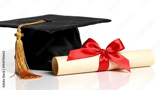Graduation ceremony with a cap and diploma scroll on a table indoors