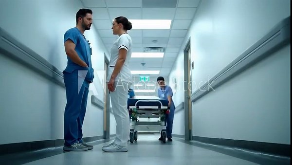 Medical professionals doctor and nurse conversing in sterile hospital corridor with patient
