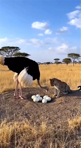 Can the ostrich fight off the leopard and save its eggs? 🐦🐆🥚❓ 타조가 알을 표범에게서 지킬 수 있을까? #danger #rescue