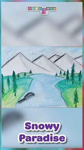 How to Draw a Snowy Paradise | Snow Mountain I Riverside Tree I Crayons Drawing | Winter Scene