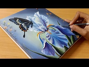 How to Draw a Realistic blue Iris Flower / Painting A Cute Butterfly 🦋On Flower/ Acrylic Painting