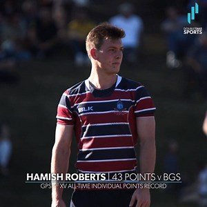 12K views · 232 reactions | RECORD | According to our records, Southport's Hamish Roberts' personal haul of 43 points on Saturday is the most points ever scored in a Queensland GPS 1st XV match by an individual player. Hamish surpassed Nudgee's Graham McLaughlin - a champion sprinter - who in 1940 scored 37 points against BBC (7T at 3pts ea, 5C, 2PG). Congratulations Hamish on a stellar performance, and an outstanding season so far. #GPSRugby #SchoolboyRugby | DoubleTake Sports | Facebook