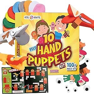 Hand Puppet Kit – Make Your Own Animal Characters, 10 Felt Pieces, Simple Step-by-Step Instructions, Arts & Crafts Activity for Kids, Role Play & Storytelling Birthday Gift