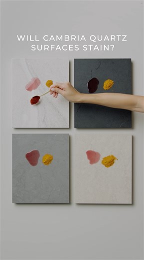 7.1K views · 64 reactions | No matter the design, finish, or texture, Cambria quartz surfaces are stain resistant and easy to clean. Stay tuned to see our 24-hour test reveal—coming 9/5! Featured designs and finishes: Claremont, Cambria Matte Inverness Stonestreet, Cambria Satin Carrick, Polished MonTaaj, Cambria Luxe | Cambria | Facebook