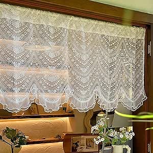 French Romantic Lace Short Tulle Curtains Beaded Window Decor Ivory Knitted Woven Lace Ruffled Valance Curtain Semi Sheer Small Curtain Tier 1 Pair (2 Panels) W49 x L24 inch