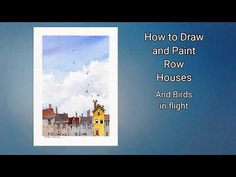 Quick and simple way to paint clouds, houses, flying birds. Line and wash watercolor. Peter Sheeler