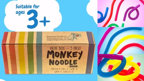 IMPRESA Monkey Noodles Fidget Toys for Focus & Calm - Multicolor, 12 x 3 x 0.75 in - 5 Pack Sensory Stretchy String Fidgets for Kids & Toddlers 3+