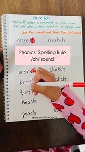 Master the /ch/ sound with this simple spelling rule!• Use ‘ch’ after a consonant or a vowel team (like ea, oa, ai).• Use ‘tch’ after a short vowel in a one-syllable word.For this activity, ask your child to identify the sounds and then highlight or trace the ch sound.✅ ‘ch’ words: branch, torch, lunch, peach, beach, perch, bench, munch, porch, crunch, speech, reach, search, screech, coach✅ ‘tch’ words: match, catch, sketch, pitch, fetch, patch, batch, switch, scratch, stitch, clutch, snatch, di