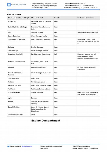 Excavator Maintenance Checklist template (Daily, weekly, service etc.)