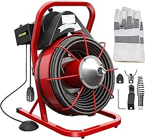 VEVOR Drain Cleaner Machine, 75 Ft x 1/2 Inch Drain Cleaning Machine Fits 1 to 4 Inch Pipes, Portable Drain Auger Cleaner with 4 Cutters, Electric Drain Clog Remover Plumbing Tool