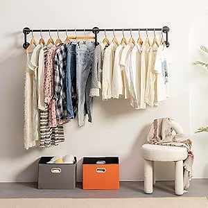 Wall Clothes Rack, Industrial Pipe Clothing Rack for Hanging Clothes, Wall Mounted Heavy Duty Space Saving Garment Racks, Multi-Purpose Clothing Hanging Rods for Closet Storage, Black