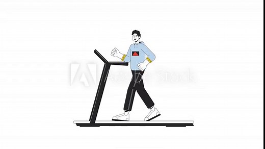 Latin american man running on treadmill line 2D character animation. Regular training flat color cartoon 4K video, alpha channel. Hispanic male gym workout animated person on white background