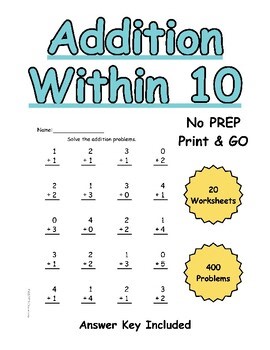 Addition Within 10 Worksheets | No Prep | Math Fluency | Kindergarten, 1st Grade