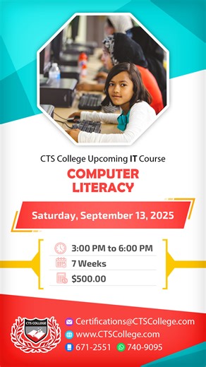 🟥 Learn how to use the Computer Effectively 🟥 Start the Computer Literacy Course in September 2025 on any of the following days: ▫️ ⭕️ September 13th | 3pm-6pm | Saturdays | 7 Weeks ▫️ ⭕️ September 16th | 5pm-8pm | Tuesdays and Wednesdays | 3.5 Weeks * * * * * * * * * * * * * * * 🟥 $500 [Payment Plan Available] To Register👉 WhatsApp Me📳 720-2939 Email📧 certifications@ctscollege.com | TAP https://mailchi.mp/ctscollege/computer-literacy-cts * * * * * * * * * * * * * * * ⭕️ Want to learn how 