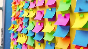 Colorful sticky notes on a yellow surface, perfect for a brainstorming session or a reminder board. Stock Video