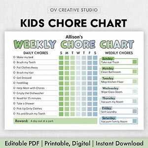 Editable Chore Chart for Kids | Printable | Kids Daily Weekly Responsibility Chart | Kids Chore List | Kids Daily Routine Checklist | PDF - Etsy