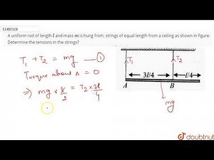 A uniform rod of length l and mass m is hung from, strings of equal length from a ceiling as sho...
