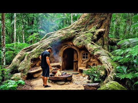 I Built The Ultimate Warm Shelter Inside A Giant Tree For Survival