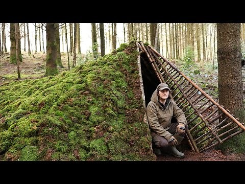 Build Secret Bushcraft Survival Stealth Shelter In The Wild with Hand Tools - Primitive House & Bed