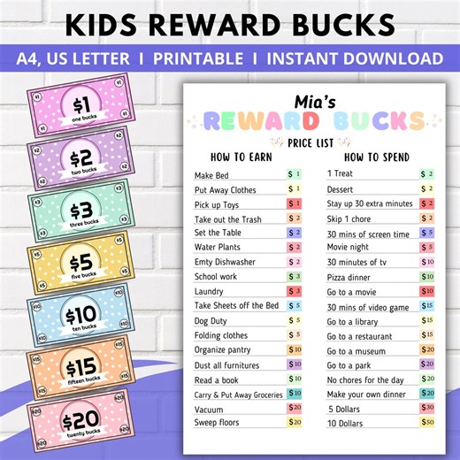 Printable Kids Reward Bucks: Chore Chart, Mom Money (fillable, Editable, Digital Download) - Etsy