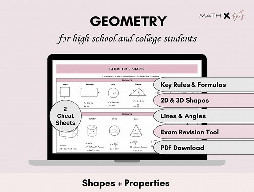 Geometry Cheat Sheet | 2D/3D Shapes, Angles & Analytical Geometry | Math Formula Reference Study Aid | Perimeter, Area, Surface Area, Volume - Etsy