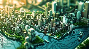 A detailed miniature city model featuring skyscrapers, roads, and water bodies, showcasing urban planning and architectural design concepts.