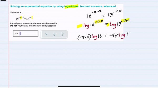 ALEKS | Solving an exponential equation by using logarithms: Decimal answers, advanced