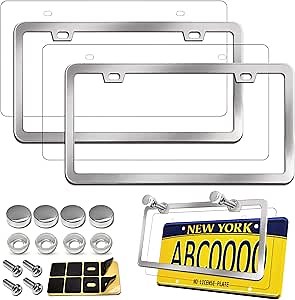 Aootf License Plate Frames Covers - Stainless Steel Car Tag Holder and Clear Flat Shield, Unbreakable Front Rear Protector with Chrome Screws Caps, 2 Sets