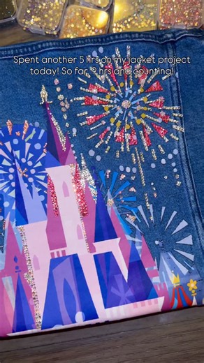 Making progress on my Disney jean jacket rhinestone project! Spent 5 hours on it today, which makes it a total of 9 hrs so far! The geometric shapes take the bulk of the time with trying to get the stone sizes to fit together like a puzzle, but I’m loving how it’s coming out!! Follow along for more progress updates and if you want to see some really cool Disneyland content!! ✨ ✨ #disneycrafts #rhinestone #rhinestoned #rhinestoneproject | A Magical Disney Day- Victoria Jacobs