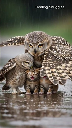 Shivering Kittens and Baby Owl in the Rain🌧️Mother Owl Comes to Protect Them 🦉🐾#kitten #owl #mother