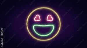 An adorable symbol of a smiling laughing face (emoji), mouth open wide and heart-shaped eyes, appearing over a dark violet background. Thin lines, full of moving energy.