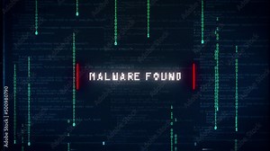 malware found warning glitch text message and noise background with computer binary code