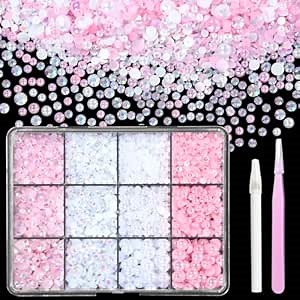 Flatback Pearls and Jelly Resin Rhinestones for Crafting, Multi Sizes Resin Rhinestones and Half Pearls for Bedazzling, Nail Art and Decoration with Tweezer and Pickup Pencil (Pink & White)