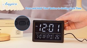 Amgico Digital Alarm Clock with Snooze, Small Clock/Table Clock, 6.3" LED Digital Calendar, 12/24H, Adjustable Brightness/Volume, Desk Clock for Bedroom, Living Room, Office - Black