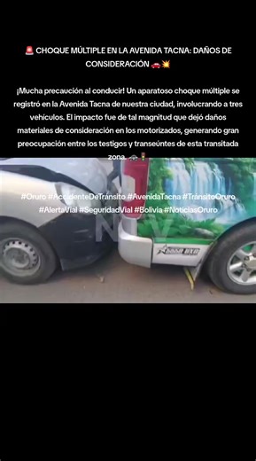 ​🚨 CHOQUE MÚLTIPLE EN LA AVENIDA TACNA: DAÑOS DE CONSIDERACIÓN 🚗💥 ​¡Mucha precaución al conducir! Un aparatoso choque múltiple se registró en la Avenida Tacna de nuestra ciudad, involucrando a tres vehículos. El impacto fue de tal magnitud que dejó daños materiales de consideración en los motorizados, generando gran preocupación entre los testigos y transeúntes de esta transitada zona. 🚓🚦 ​ ​#Oruro #AccidenteDeTránsito #AvenidaTacna #TránsitoOruro #AlertaVial