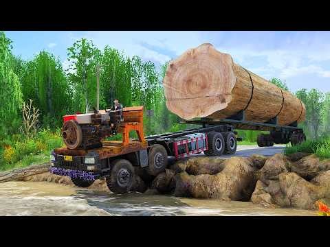 GIANT Log Transport Truck Faces IMPOSSIBLE River Crossing Challenge