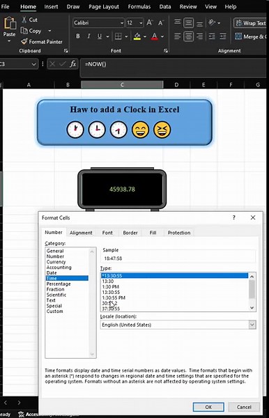 Haw to add a Clock in Excel 🕒🕕🕘😆