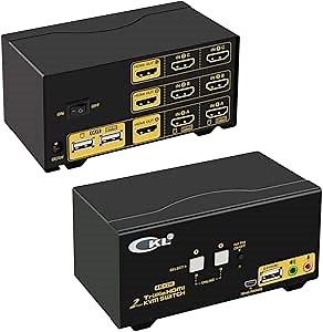 CKL Triple Monitor HDMI KVM Switch 2 Port with Audio and USB 2.0 HUB, PC Monitor Keyboard Mouse Switcher Box Mirrored or Extended Display 4K@30Hz for Computers and Laptops CKL-923HUA