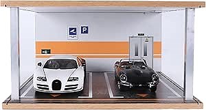Car Model Display Case 1:18 Scale,with LED Light and Acrylic Dust Cover Hot Diecast Wheels Display Case,Wooden Parking lot Garage Scene Toys Car Model Display Stand (Log Color)