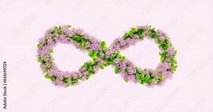Abstract 3d infinity symbol with green leaves and pink flowers. eco concepts. 4k seamless loop animation.