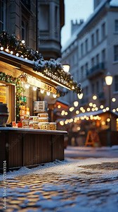 A street vendor booth is set up in a snowy European city, with string lights illuminating the scene