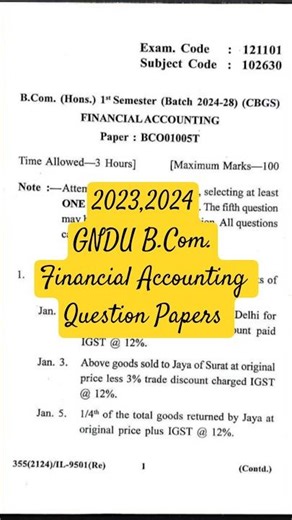 GNDU B. COM Sem 1 Financial Accounting Question papers|2023,2024|Shorts|