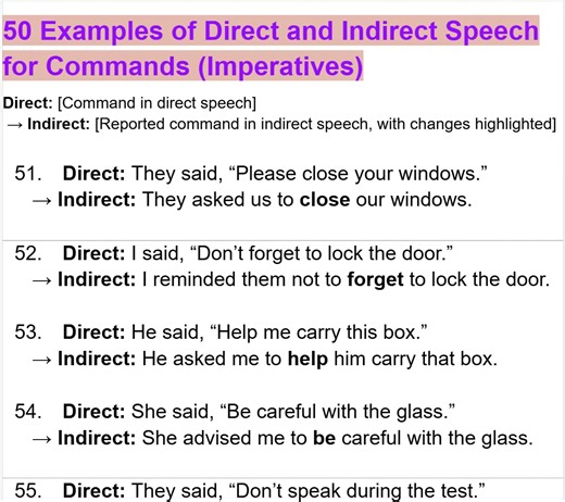 50 Examples of Direct and Indirect Speech for Commands (Imperatives) | Empowering English Learning